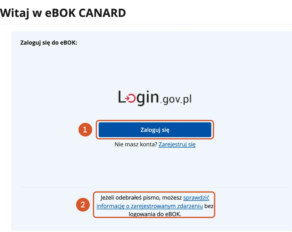 Ekran startowy eBOK CANARD z przyciskiem logowania przez login.gov.pl i linkiem do sprawdzenia zdarzenia bez logowania