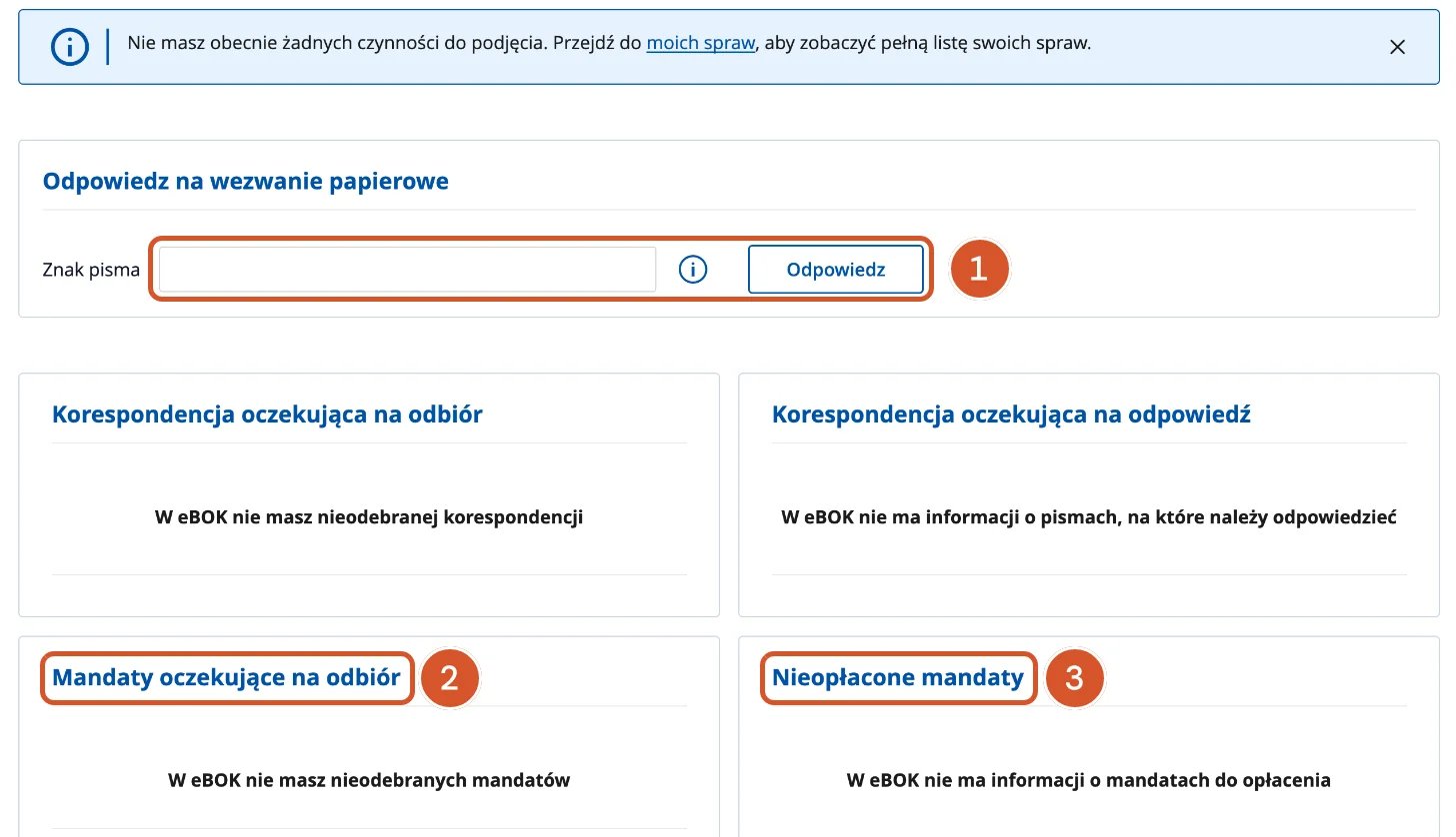 Strona główna eBOK CANARD po zalogowaniu z polem Znak pisma oraz sekcjami korespondencji i mandatów