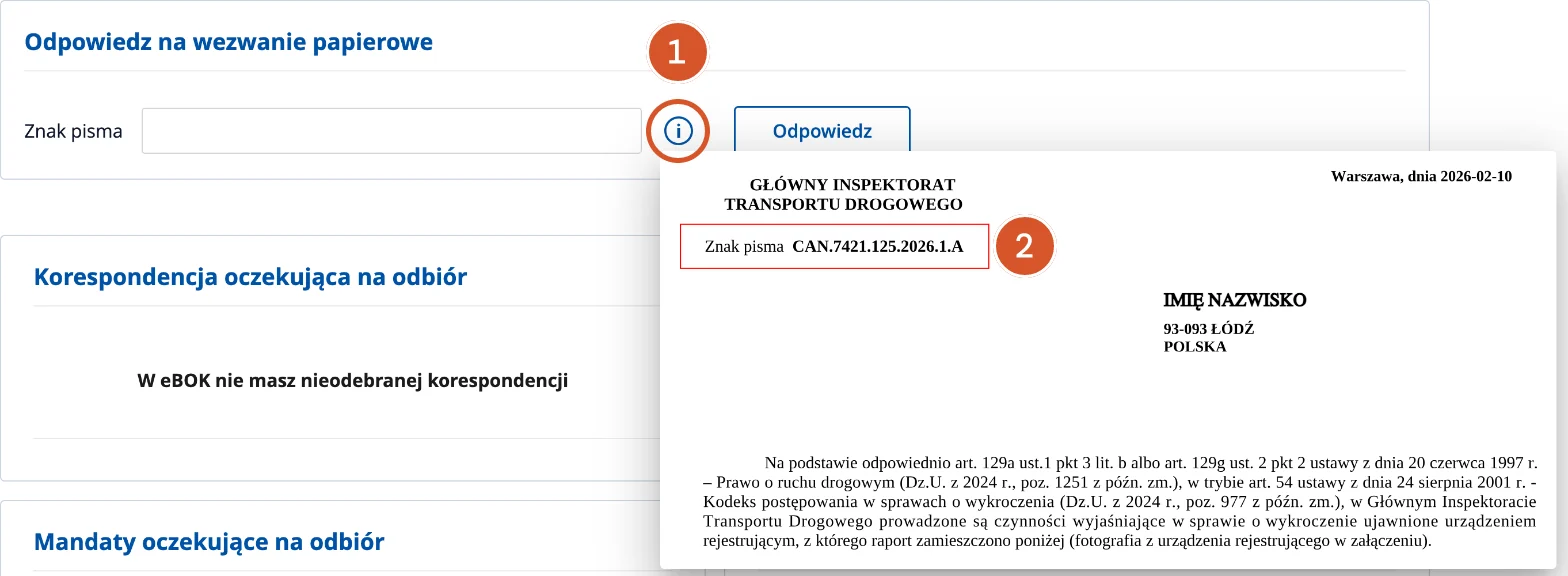 Podpowiedź eBOK CANARD pokazująca, gdzie na wezwaniu GITD jest znak pisma