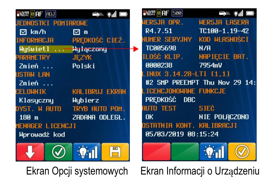 Ekran opcji systemowych i ekran informacji o urządzeniu TruCAM II: wersja oprogramowania, numer seryjny, licznik zapisanych plików, licencjonowane funkcje, wynik autotestu i data ostatniej kontroli kalibracji celownika