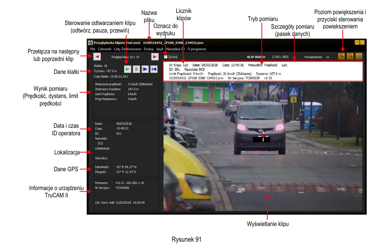 Program TruCAM II Clip Viewer z otwartym plikiem nagrania: po lewej dane klatki (numer, odległość, czas), wynik pomiaru, data i godzina, identyfikator operatora, lokalizacja, współrzędne GPS i informacje o urządzeniu z datą ostatniej kontroli kalibracji, po prawej kadr z krzyżykiem na przodzie auta