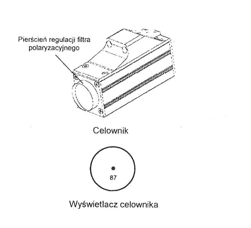 Celownik optyczny UltraLyte według polskiej instrukcji: luneta z pierścieniem regulacji filtra polaryzacyjnego oraz widok w celowniku z czerwoną kropką celowniczą i wynikiem pomiaru pod nią